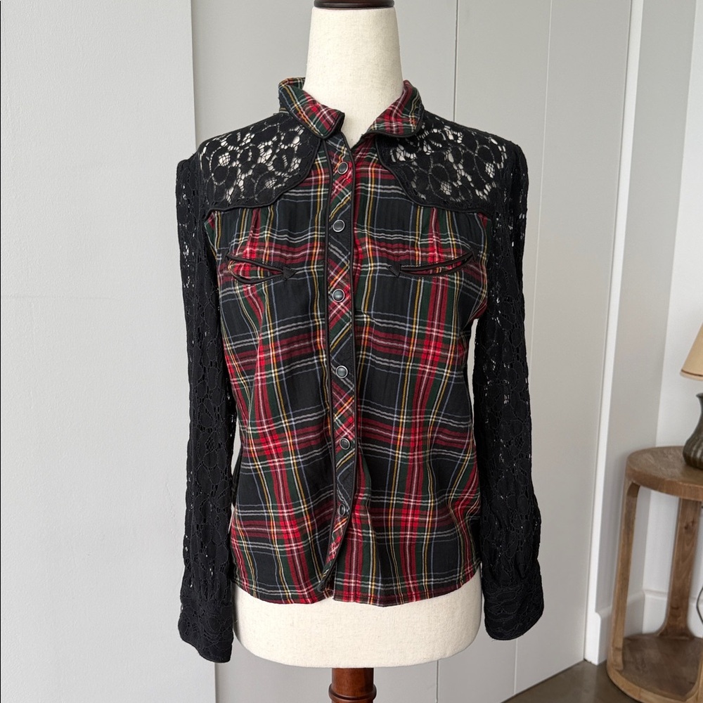 Denim & Supply Ralph Lauren Black and Red Plaid Lace Shirt